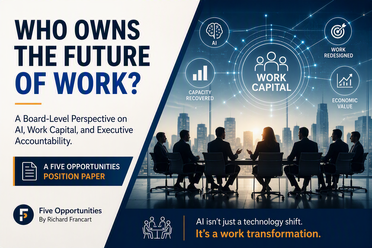 Board-level infographic: Who owns the future of work — the case for CHRO-led AI transformation.